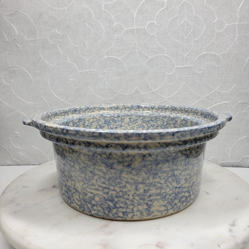 Roseville Vintage Casserole Spongeware 10" Ceramic Blue White Splatterware Bowl
